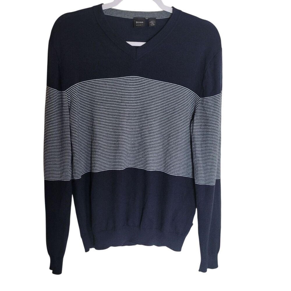 Boss Hugo Boss Wool Sweater Men's Size Large L Navy Blue Striped V Neck Preppy